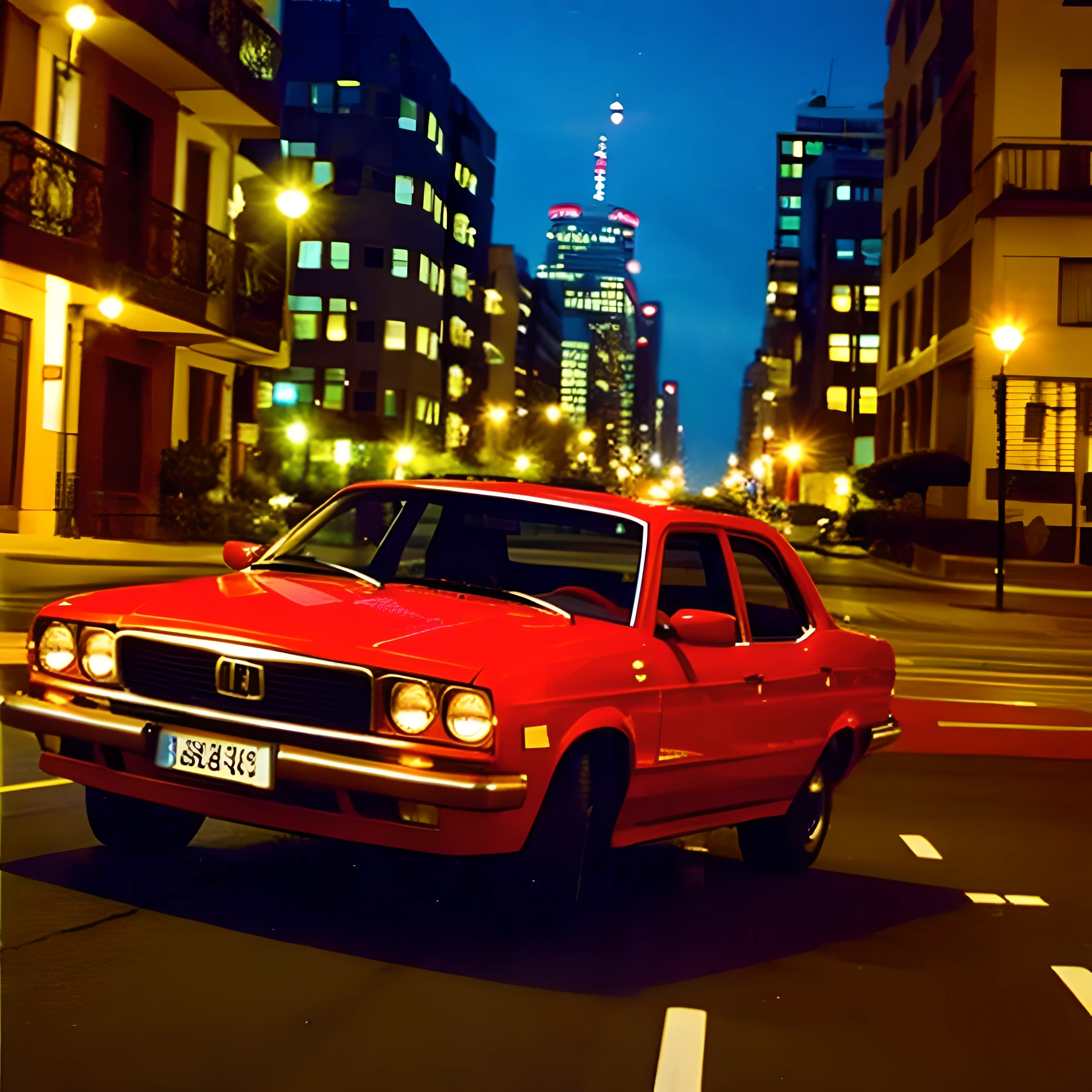 Distorted image of a red car from the 90s passing through a very luxurious neighborhood at night