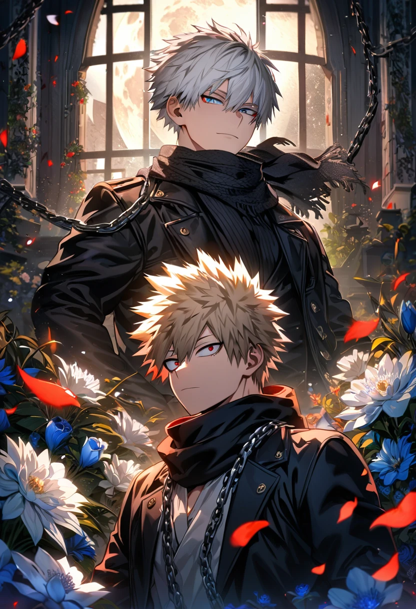 Ultra detailed, highres, absurdres, HDR, Todoroki Shoto, white hair, blue eyes, Bakugo Katsuki, ash blond hair, red eyes, Boku No Hero Academia, flowers, petals, window, chains, moon, 2 men together, gay couple, handsome, very detailed face and eyes, black coat, black scarf,