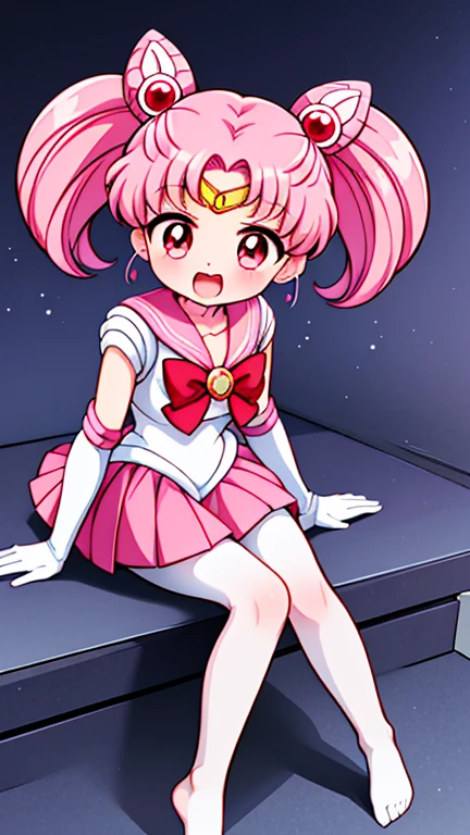 Sailor Moon,young年,Seven years old,cute,(Little Loli),Pink hair twintails,short hair,Sailor Suit,red bow,White elbow gloves,Red Skirt,no shoes,Open your mouth,laughing out loud,Fangs,(White pantyhose),soles of feet,Soles,(young),(little man),sit