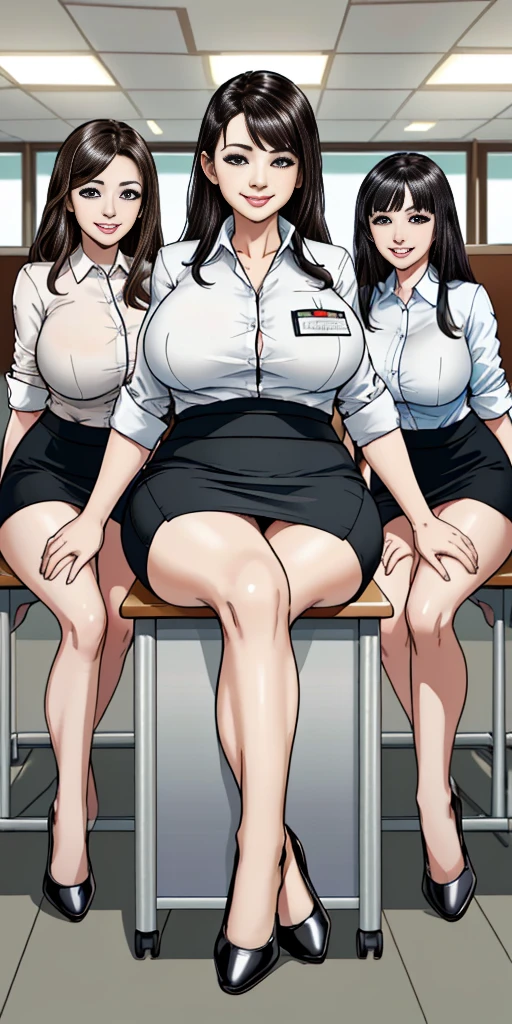 ((Best Quality, 8k, Masterpiecedetails, ultra-high resolution)), (group picture),(looking at the viewer), (full shot:), attractive business 5 milfs, 5 people, a bit chubby:0.25, seductive expression, white collared shirt, grey skirt, (sitting with cross legs on office desks)), smile, office of CEO