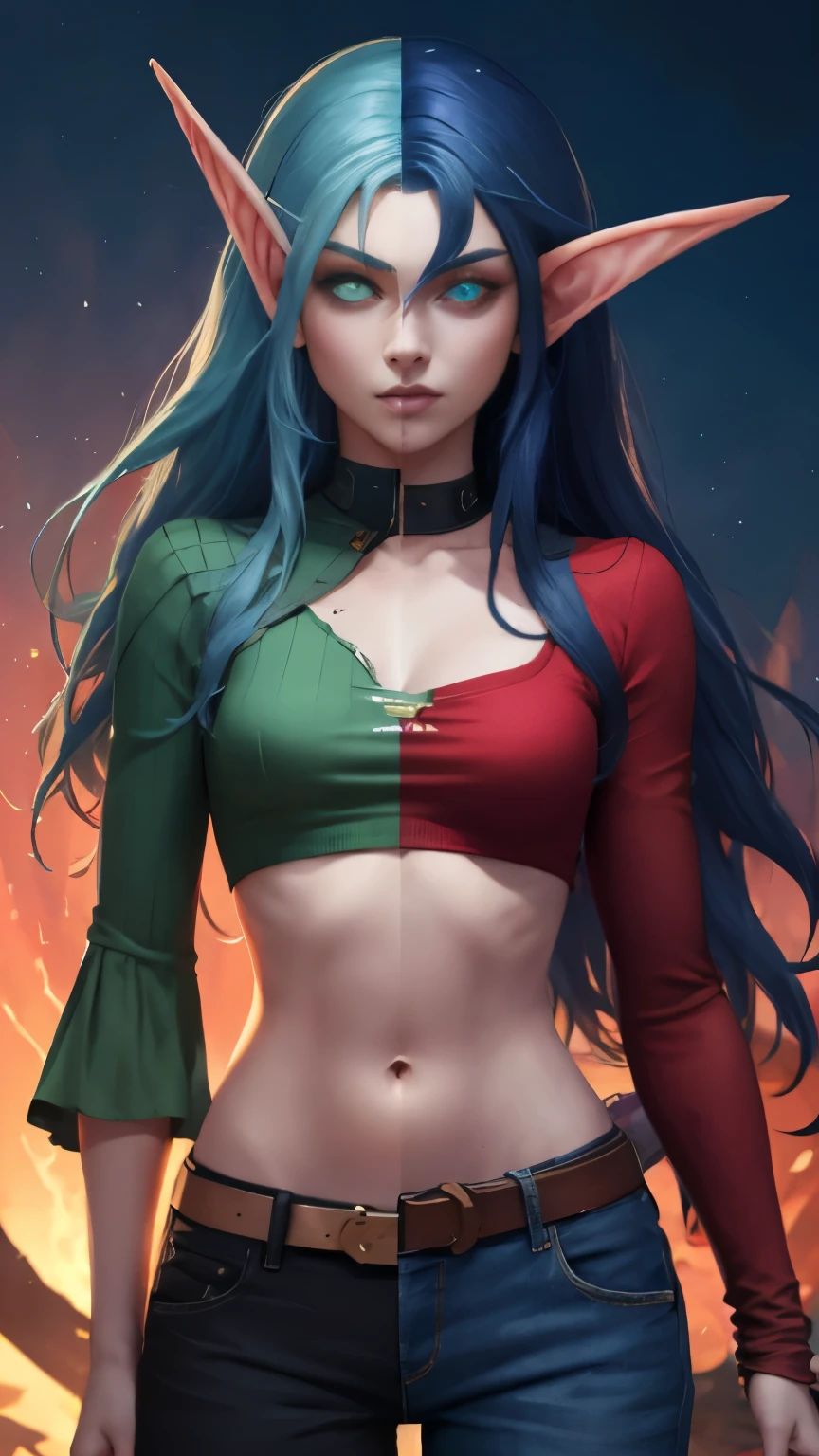 (Masterpiece, highly detailed, highly quality,  highly resolutions), beautiful, BREAK NIGHTELF, SplitScreen, splitscreen, mature, (1girl, long hair, spiral eyes, mad, clenched teeth), ((pants)), blue hair, blue eyes, GLOWING EYES, pink skin, COLORED SKIN, White trim, crop top, sleeve, night theme, navel, BREAK bldelf, SplitScreen, splitscreen, mature, (1girl, long hair, spiral eyes, mad, clenched teeth), ((pants)) , blonde hair, green eyes, glowing  eyes, colored sclera, Red midriff, crop top, sleeve, navel, sun theme,