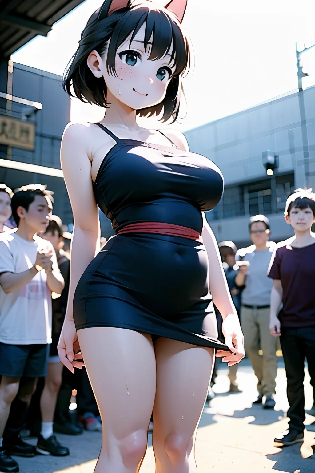 (One Japan Girl)、masterpiece, 最high quality, high quality, High precision,Highly detailed 8K wallpapers、Innocence、minimum、(Couple Dating)、(amusement park)、(Exposed、Shoulder Bare、Sexy plain clothes、Oversized)、funデート、cuteWife、summer、Black clothes、With thick milk in my hands、Hands on cheeks、(Sweat running down your cheeks、Sweat trickling down my chest)、Holding hands、fun、honeymoon、(Embarrassed smile)、My arm is grabbed、amusement parkを楽しむ、defenseless、cuteイカ腹、Pure、Innocence、cute顔、cute、(Big Breasts:1.4)、Beautiful breasts、Breasts that seem to overflow from clothes、cute顔、No correction、adult、Slender、A Body That Knows Men、団地wife、（girl、woman、Voluptuous、Fox ears、Fox Tail、Black Hair、Shortcuts、Hair that grows to the shoulders、Slimming、beautifulなお腹、beautiful、美しいwoman）、（short girl、Wife、wife）、From in front of the camera、Looking up from below、Wipe away sweat、Panty shot