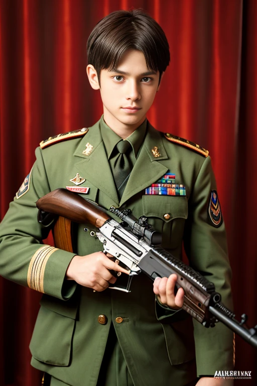 masterpiece, best quality, 1 boy, Cowboy shooting, Delicateeyes, military uniform,  AK 47, current, Kalashnikov_步gun, assault_步gun, Keep_gun