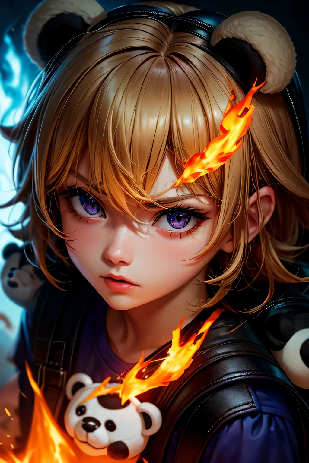 Black eyes, Annie, Blonde Hair, anger, Blue Leather Backpack, short hair,Long Bangs, fire, Panda Stuffed Animal, Tibbers, Purple Shirt, inflammation, Throw, close, Shine､masterpiece, 最high quality, high quality, High resolution, (Face close-up)､
