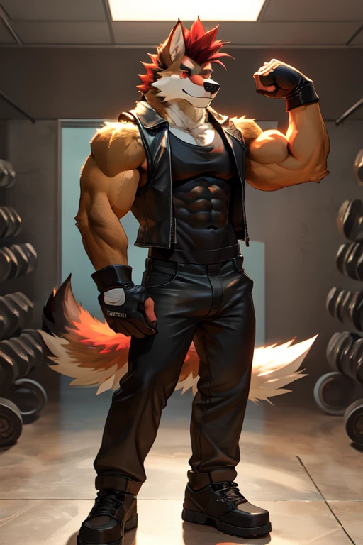 ((best quality)), ((masterpiece)), (detailed), perfect face, Anthropomorphic wolfdog, 70% Wolf, 25% Tamaskan wolfdog, 5% Dingo, 6'7 and 233 lbs, 50" Chest, 21" Shoulders, 17" Biceps, 36" Waist, 25" thighs, 17" calves, 20" back, orange fur, red fur on tips of his ears, red fur at the end of his tail, red hair, mohawk hairstyle, red eyes, weaing sleeveless black leather biker vest, wearing white T-shirt with sleeveless ripped off, wearing black leather pants, wearing black leather boots, wearing black bandana around forehead, wearing red boxing gloves, eight abs, well defined abs, flexing bicep, on hand hip, smirking, looking proud, acting cocky, gym scene, dynamic lighting, perfect shading, soft shading, soft colors, vivid colors, pastel colors 