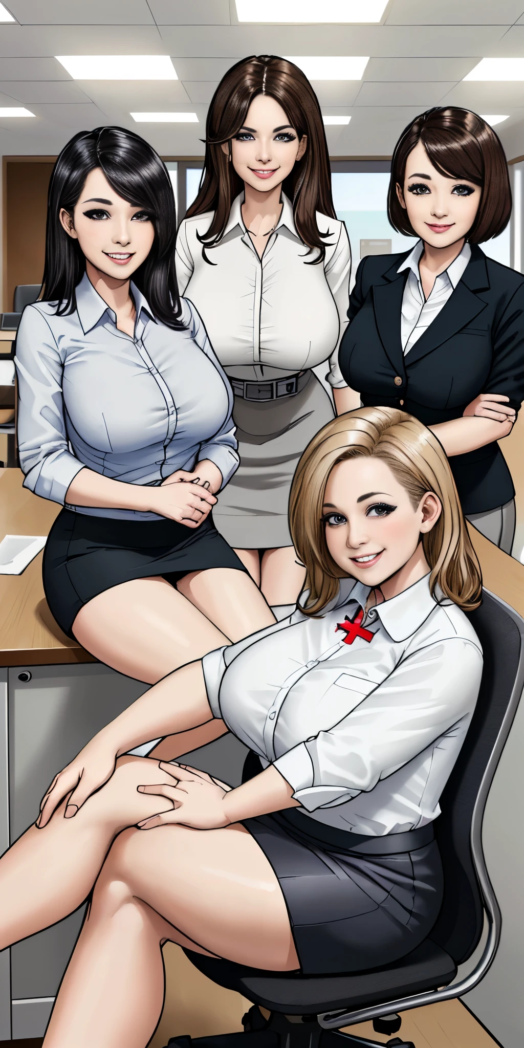 ((Best Quality, 8k, Masterpiecedetails, ultra-high resolution)), (group picture),(looking at the viewer), (full shot:), attractive business 5 milfs, 5 people, a bit chubby:0.25, seductive expression, white collared shirt, grey skirt, (sitting with cross legs on office desks)), smile, office of CEO