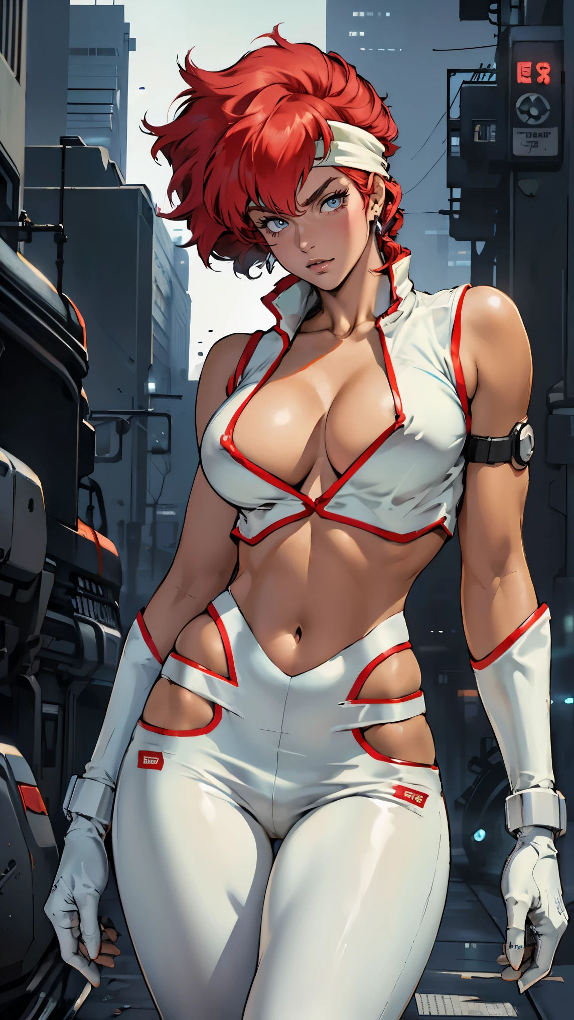 ((Masterpiece, highest quality; 1.3)), super quality, beautiful detail, super detailed, extra fine, 16K, exquisite, absurd, high resolution, beautiful background, detailed background, beautiful eyes, beautiful skin, anime style, Kay from Dirty Pair in a white outfit, tight outfit, cleavage, bushy redhead beauty, very light blue uniform, wearing tight clothes, skimpy, (mid chest: 1.2), cleavage, cleavage, , slim waist, slim thighs, thigh gap, showing stomach, skinny, thin hips, cyberpunk city background, retro space gun holding, headband,