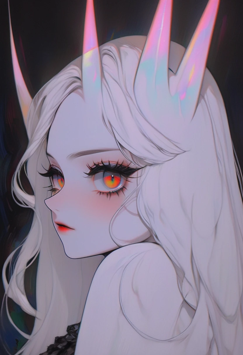 pale devil girl , ((por encima de la cintura)), disparo desde muy lejos, (largeeyes, Los ojos son delicados y hermosos., cara hermosa y delicada, detalles de cuerpo completo), (sombreado de prisma, holographic environment, chromatic:1.2) Camisa de escote abierto , Gothic background, (long right angle:1.2) cabello negro ojos rojos