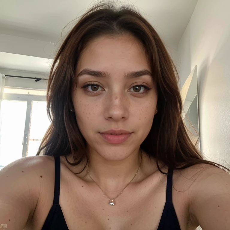 23-year-old hyper-realistic Latin girl with freckles, selfie de humor para instagram, mirada sexy, de espaldas, ultra definition, (fotorrealista: 1.4), 8k, calidad premier, fondos detallados, cara delicada, maquillaje natural, foto cruda, iPhone, hdr, Coqueteando con el espectador, apartamento de lujo, culo operado, CULO, perfecto, bragas rojas, orgasm