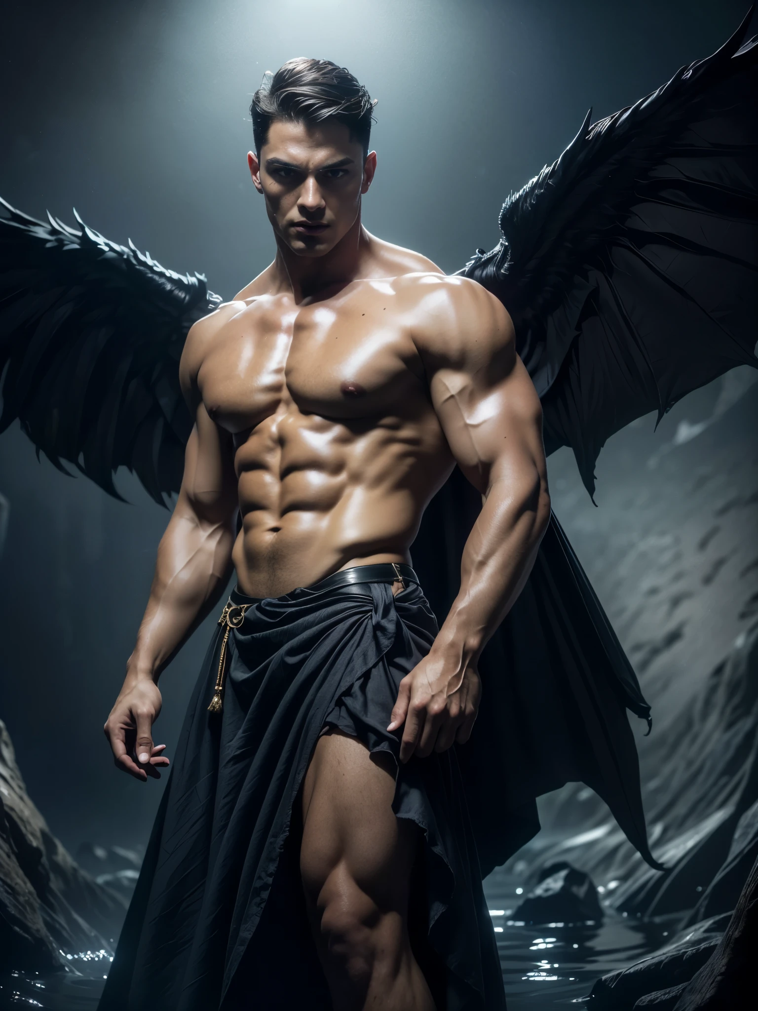 Photorealistic, ((best quality)), ((masterpiece)), (detailed), the devil, masculine portrait of the devil, personification of The Devil, (evil look:1.2), massive huge majestic black angel wings, 18-year-old male model, handsome, tall, cute looking, evil look, dark look powerful, young male model, handsome mythical creature, super strong, muscular, fit, massive muscles, six pack, clean shave, blue eyes. (short wavy messy brown hair:1.4), short messy hair, messy wavy hair, shirtless, barechested, muscle, ripped, strong body, fit body, ancient linen Greek small skirt, (antique black linen raped cloth skirt:1.3) (Dark background:1.54) 8k, high detailed, ultra-detailed, Stylish Pose, real skin texture, dark cinematic lighting, (underground caves:1.4), fire, flooded