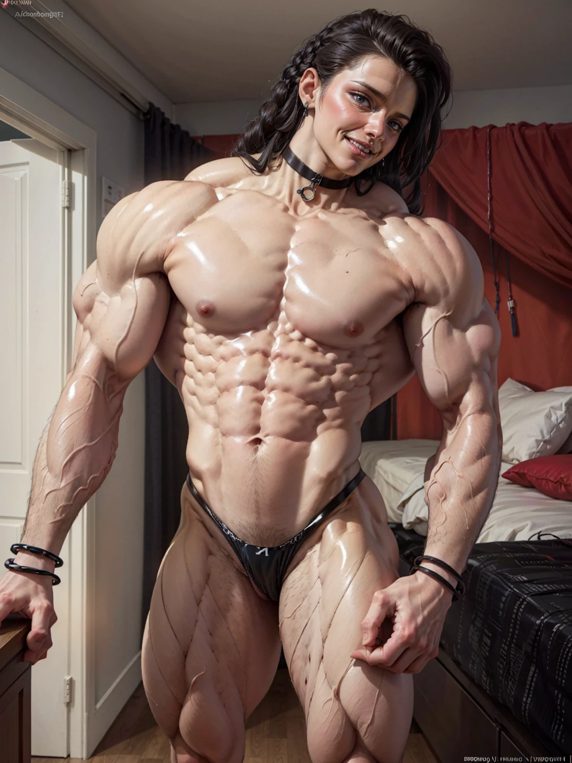 (latex panties:2), (Muscular:2.2), (asian woman, blue eyes, black hair:1.5), (25 years old:1.5), (single long braid:1.5), earrings, eyeshadow, lipstick, (upper body view:1.5), (muscular striations), (long nipples:1.2), (larege bulging pecs:2.5), (naked, nude, bracelet, choker:2), (eight pack abs:1), (sculpted muscles:1.7), (athletic body:1.5), (muscular body:2), (looking at viewer), (big smile:1.7), detailed eyes, dark bedroom, rim lighting, two tone lighting, dimly lit, clean skin, low key (DETAILED SKIN), (round ass), (underboob)