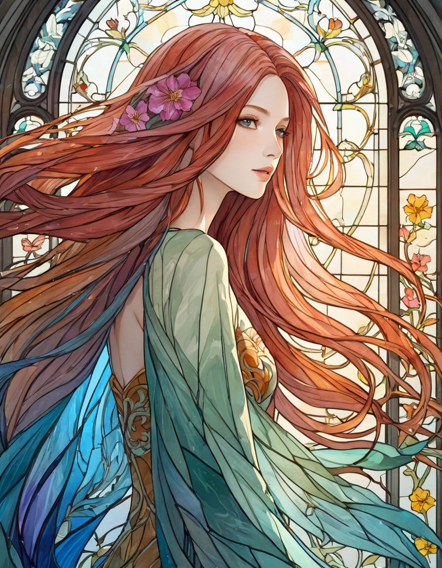 Playing with the tides,shook, Split Color Hair, Wind, 舞い散るflowerびら, Stained Glass AI, decorative, Complex details, Dukhkova, 2D, Line art, watercolor, ink watercolor, Random color hair, Super long hair, Wavy, One girl,old,flower, old, detailed, Complex, Perfect lighting, Perfect Shading, (Flat Color:1), (2D:1), (masterpiece, Awards, highest quality:1.25), (mature adult:1.3)