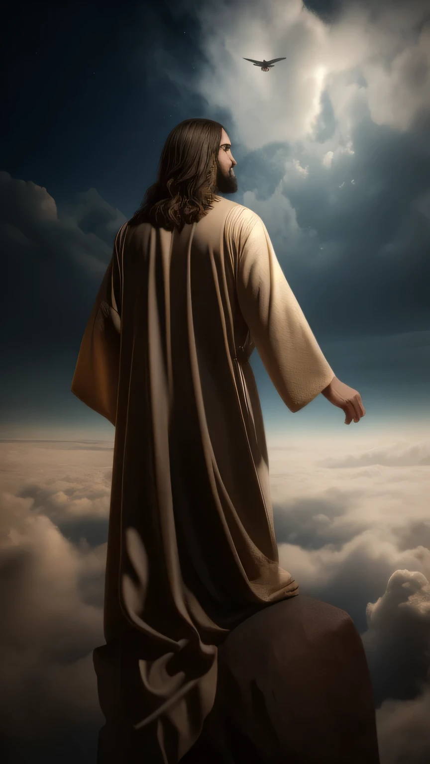 jesus standing on a rock looking at the sky with clouds, dressed like jesus christ, jesus christ, young almighty god, jesus of nazareth, biblical epic movie, king of kings, greg olsen, the lord and savior, second coming, biblical clothing, tim hildebrant, epic biblical depiction, portrait of jesus christ, omnious background, biblical image, the one true god