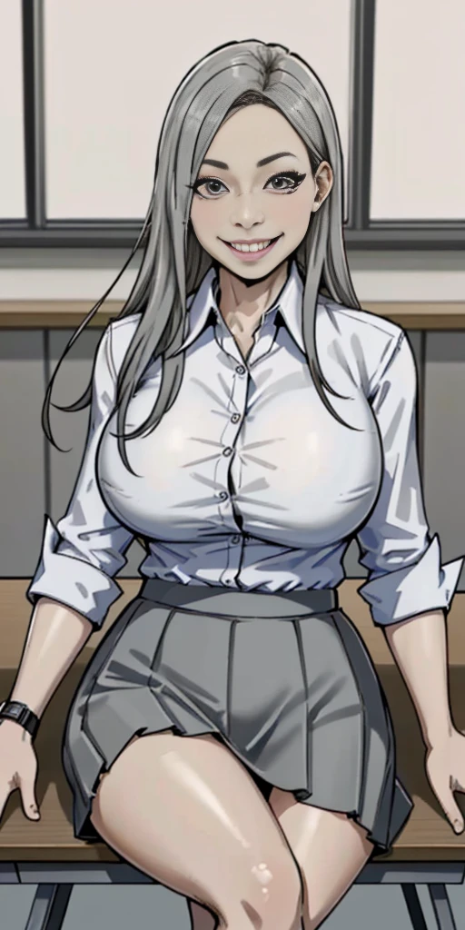 ((Best Quality, 8k, Masterpiecedetails, ultra-high resolution)), (group picture),(looking at the viewer), (full shot:), attractive business 5 milfs, 5 people, a bit chubby:0.25, seductive expression, white collared shirt, grey skirt, (sitting with cross legs on office desks)), smile, office of CEO