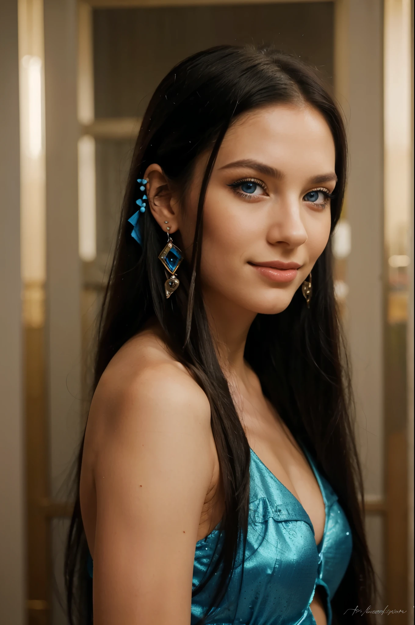 A girl with long blue hair. Her face is exquisite, with high cheekbones and smooth fair skin. Her large black eyes, framed by long thick eyelashes, are impressive and expressive, radiating calmness and confidence. Well-defined eyebrows curve gracefully above her eyes, adding intensity to her gaze. She has a small, straight nose and full, slightly parted lips that curve into a slight smile, revealing hints of mischief and allure. Her sharp, well-defined jawline gives her face a refined and elegant appearance. Photorealism of a fairy with large, detailed wings with a net-like structure and an iridescent sheen, giving them an almost holographic appearance. Her hair is styled with flowers and crystal embellishments which add to her ethereal beauty. The dark, foggy background gives the feeling of a mysterious or enchanted realm, enhancing the fairy's otherworldly presence. The overall atmosphere is one of dark fantasy and delicate beauty.