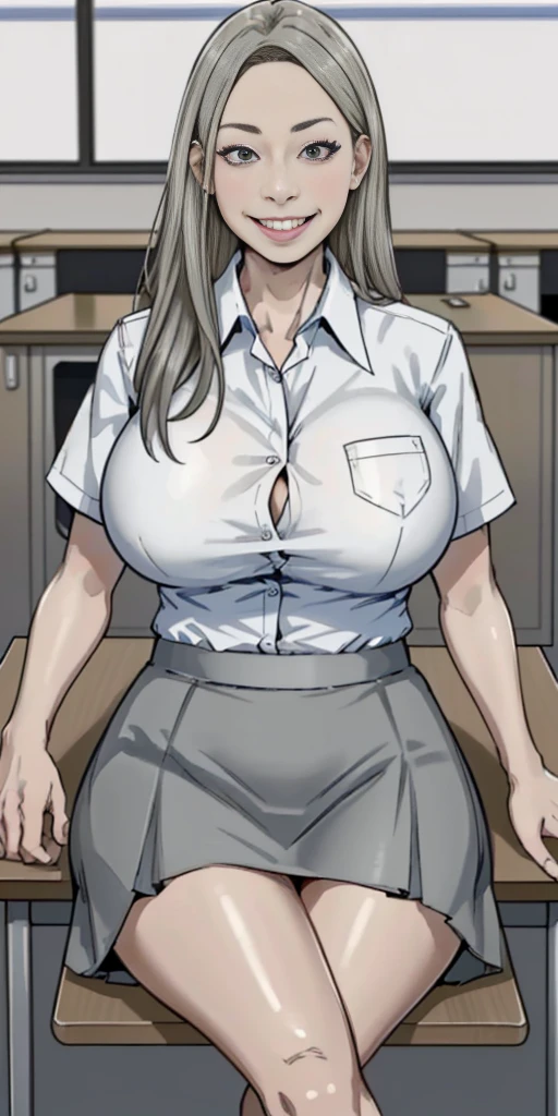 ((Best Quality, 8k, Masterpiecedetails, ultra-high resolution)), (group picture),(looking at the viewer), (full shot:), attractive business 5 milfs, 5 people, a bit chubby:0.25, seductive expression, white collared shirt, grey skirt, (sitting with cross legs on office desks)), smile, office of CEO