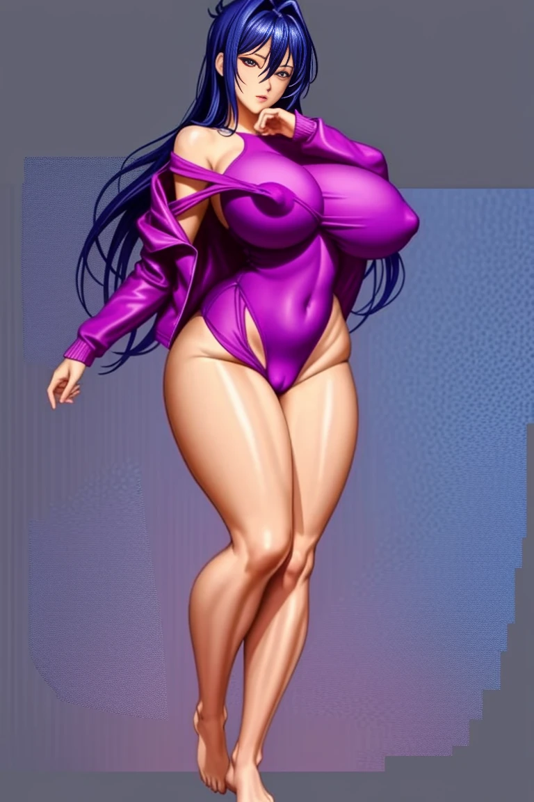 full body anatomy, best quality, high resolution, high quality, beautiful and perfect face, expressive eyes, detailed body, detailed legs, simple background, mature woman, toned, single focus, hands on hips, looking at viewer, long hair (huge breasts:1.4),saggy breasts,((wide hips)),((thighs)) thick: 1.3)), navel,huge ass,(swimsuit V:1.3), open jacket, jacket, purple jacket, naked jacket, long sleeves, open jacket,(pubic hair:1.2)