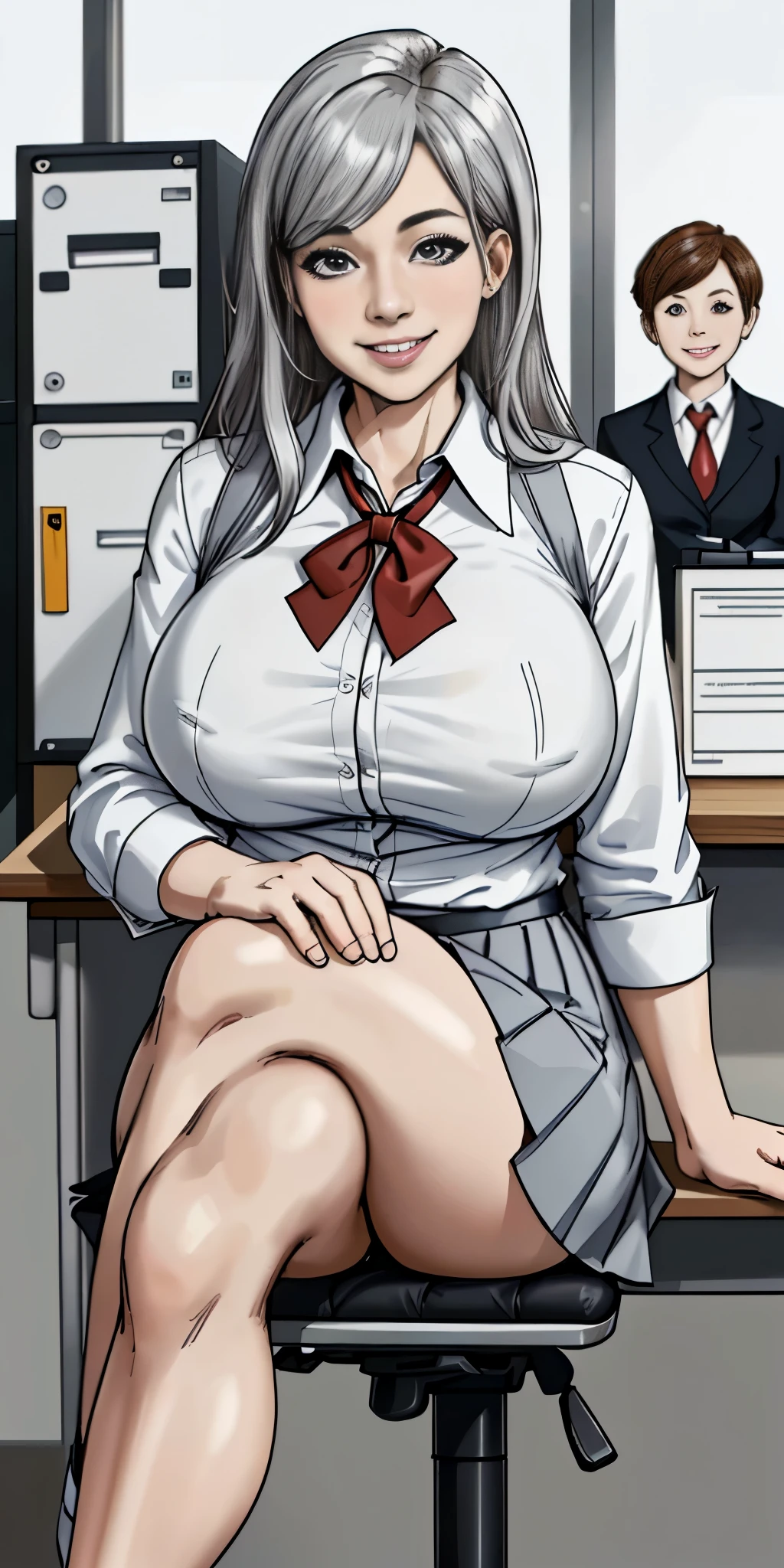 ((Best Quality, 8k, Masterpiecedetails, ultra-high resolution)), (group picture),(looking at the viewer), (full shot:), attractive business 5 milfs, 5 people, a bit chubby:0.25, seductive expression, white collared shirt, grey skirt, (sitting with cross legs on office desks)), smile, office of CEO