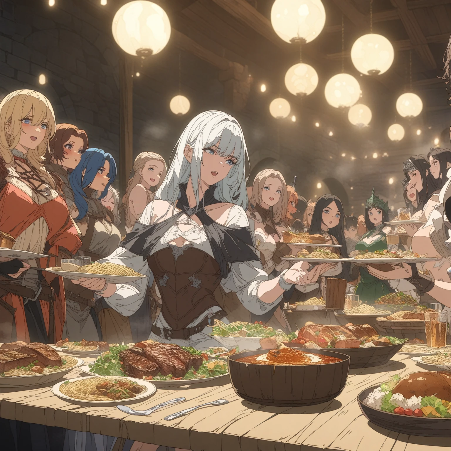 masterpiece, bestquality, ultra-detailed,
middle ages, medieval times, Medieval European fantasy, 
flat design, ligne claire, photorealistic, anime screencap, emotional atmosphere, Dynamic composition, dynamic scene, low angle, 
cinematic lighting, chandelier, 
official_art, asymmetry, 
(Small group fantasy woman focus:1.6),
(Medium Shot, depth of field, bokeh:1.2), 
(Look away), 
Fantasy, Adventurer's Guild, fantasy costumes, Warriors, dirty quaint fantasy small Guild bar, Lively dining, Rude women, (small table:1.2),
(women group focus, 1 group focus, 1 table focus, girls group focus, Banquet, Woman taking a seat), 
A party of female adventurers happily eating and drinking lots of delicious-looking food at a bar.,
(Looks like so much fun, 😃, 😁, 😆, 😡:1.2), 
A dynamic toast, Female party members around one small table, Wooden beer cup, delicious food, Big bone-in Grilled meat, Delicious Grilled meat served on a salad, Cooked fish dishes, Cooked rice dishes, Cooked pasta dishes, Cooked pasta dishes, bread, fruits, dessert, Steam rising, Sizzle, 
(The savage women, A vulgar woman, lewd woman, mature woman only:1.2), 