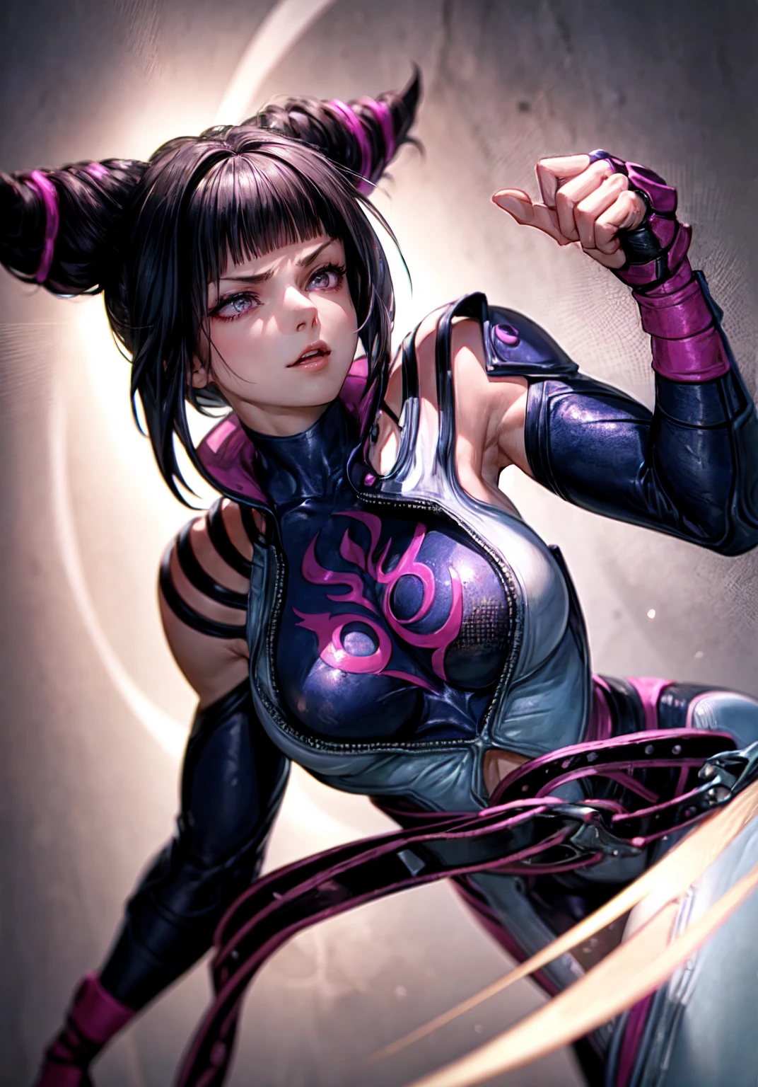 ((best quality)), ((master part)), ((realista)) e pGostosaografia ultra-detalhada, Juri Han,Menina bonita Juri Han de Street Fighter, bunda grande,  Garota bonita,  Neon light. veste um (Top Tecnologia-Desgaste) e um (corda preta, white pattern :1.2) , ((Beautiful and Aesthetic)), sexy, seios grandes, gostosa, mama grande, Crouching back position, cyberpunk gym,  dingy gym,