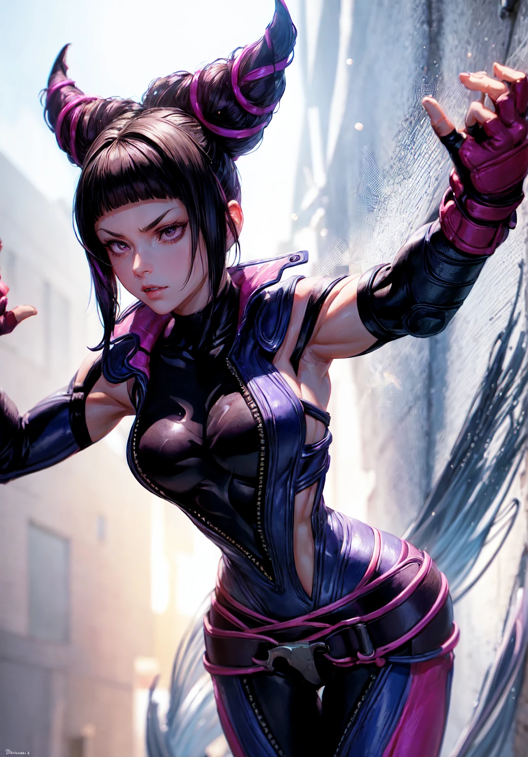 JuriMS, Juri Han, SFV, cornes de cheveux, (Masterpiece, Best quality:1.4), (debout:1.1), M(1fille), seuleMent, detailed background, profondeur de chaMp, voluMeric lighting, Mise au point nette, bonne anatoMie, (M), 16K HDR,