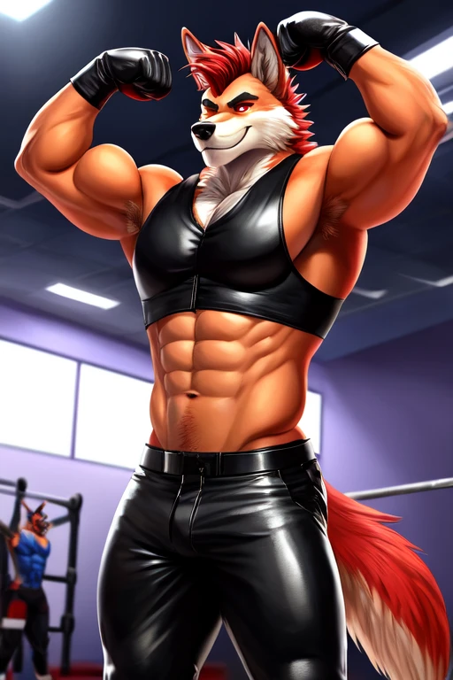 ((best quality)), ((masterpiece)), (detailed), perfect face, Anthropomorphic wolfdog, 70% Wolf, 25% Tamaskan wolfdog, 5% Dingo, 6'7 and 233 lbs, 50" Chest, 21" Shoulders, 17" Biceps, 36" Waist, 25" thighs, 17" calves, 20" back, orange fur, red fur on tips of his ears, red fur at the end of his tail, red hair, mohawk hairstyle, red eyes, weaing sleeveless black leather biker vest, shirtless, wearing black leather pants, wearing black leather boots, wearing black bandana around forehead, wearing red boxing gloves, eight abs, well defined abs, flexing bicep, on hand hip, smirking, looking proud, acting cocky, gym scene, dynamic lighting, perfect shading, soft shading, soft colors, vivid colors, pastel colors