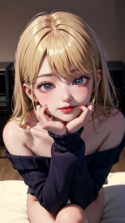 A light blush and a smile, (Masterpiece of the highest quality:1.2) Delicate illustrations, super detailed, /Beautiful Japanese Women、1 person,Very cute and slim、Outstanding style 、((8K images、super high quality))、Very delicate face, Skin and Hair、Red lipstick、Long Hair、straggling hair,(((((Gradient Hair、Blonde))))),Very cute Japanese cut face、Eyes and nose are clearly visible、Kind eyes,(((Off-the-shoulder sweater、Watching the audience)))、full body shot