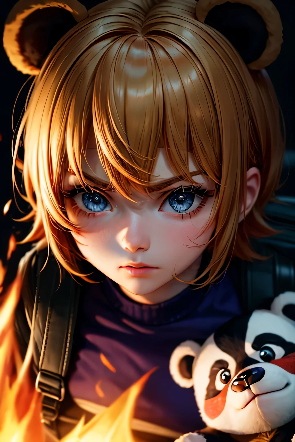 Black eyes, Annie, Blonde Hair, anger, Blue Leather Backpack, short hair,Long Bangs, fire, Panda Stuffed Animal, Tibbers, Purple Shirt, inflammation, Throw, close, Shine､masterpiece, 最high quality, high quality, High resolution, (Face close-up)､
