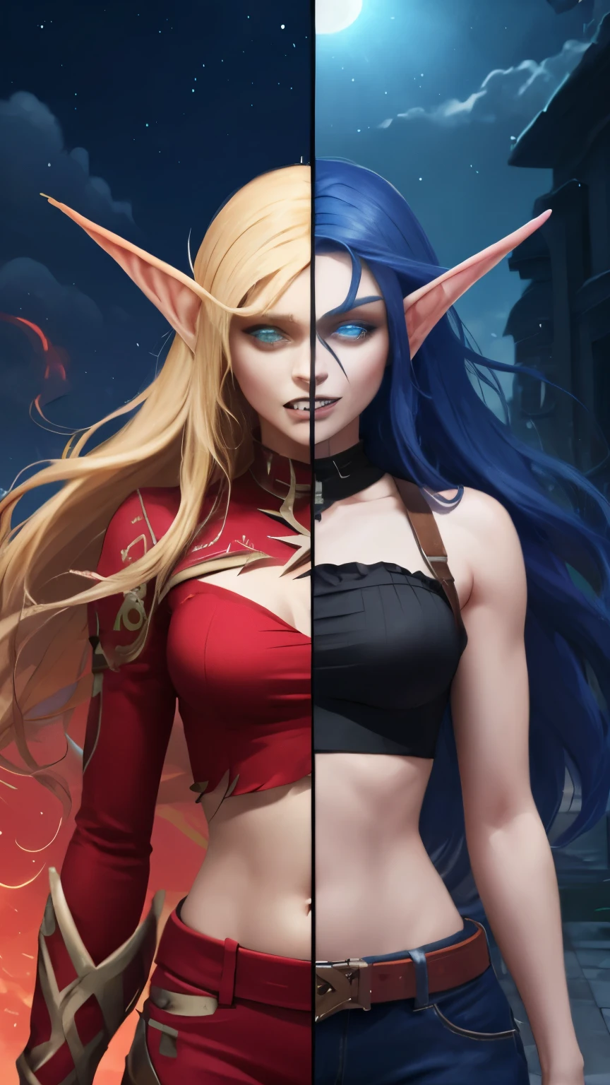 (Masterpiece, highly detailed, highly quality, highly resolutions), beautiful, BREAK NIGHTELF, SplitScreen, splitscreen, mature, (1girl, long hair, spiral eyes, mad, clenched teeth), ((pants)), blue hair, blue eyes, GLOWING EYES, pink skin, COLORED SKIN, White trim, crop top, sleeve, night theme, navel, BREAK bldelf, SplitScreen, splitscreen, mature, (1girl, long hair, spiral eyes, mad, clenched teeth), ((pants)) , blonde hair, green eyes, glowing eyes, colored sclera, Red midriff, crop top, sleeve, navel, sun theme,