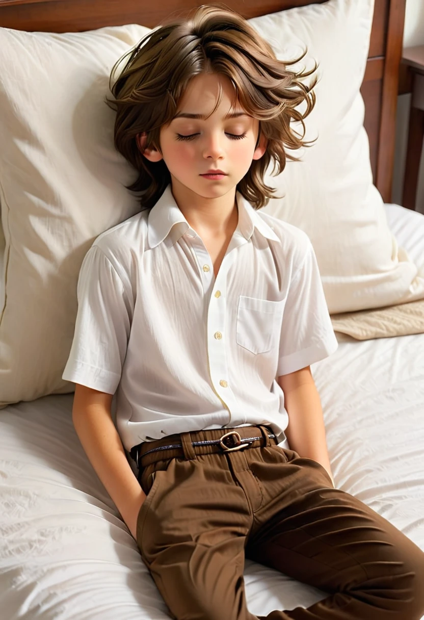 "((inside the bedroom)) is a boy on the bed his eyes closed and his hair is brown hair, wearing white shirt and long brown pants