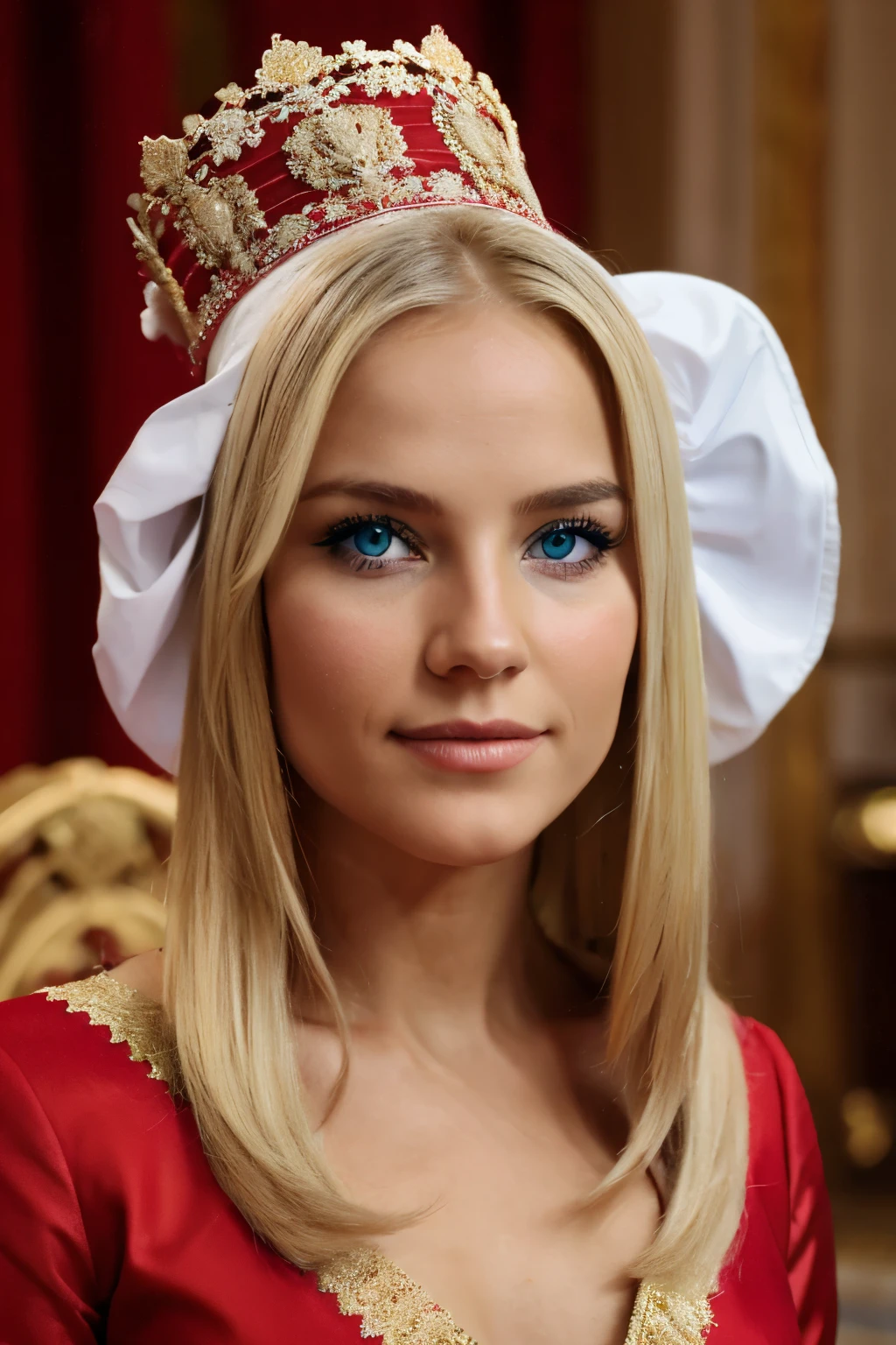 Sultana, blonde-haired, blue-eyed, white-skinned, wearing a red Turkish royal costume