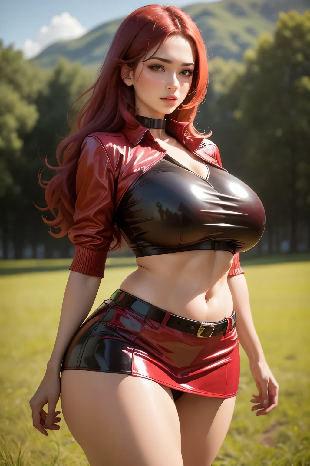 A beautiful and sensual prostitute, with exceptionally large breasts, dons a short, vibrant red latex skirt, in an open field setting.