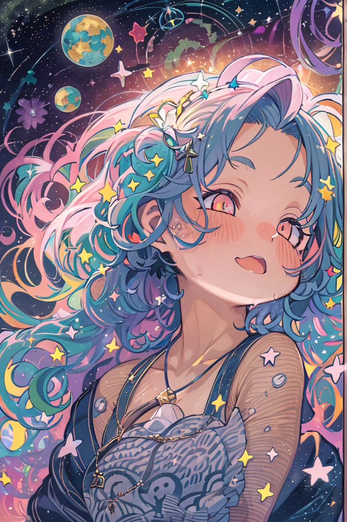 high detailing, Super Detail, 超A high resolution, Girl enjoying time in the galaxy of dreams, surrounded by stars, Warm light sprinkled on her, Starry sky with colorful galaxies and galactic clouds in the background, Stars flying around her, Delicate face, Add a playful atmosphere ,