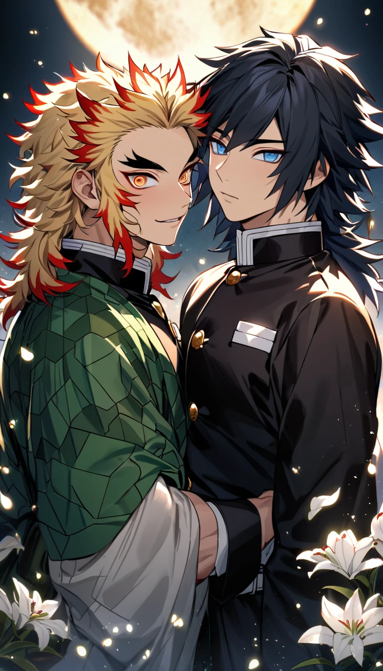 absurdres, highres, ultra detailed, HDR, master piece, best quality, Tomioka Giyu, untamed black hair, expressive blue eyes, Kimetsu No Yaiba, Rengoku Kyojuro, blond hair, expressive orange eyes, 2men together, gay couple, handsome, demon slayer uniform, petals, white lilies, moon, fireflies