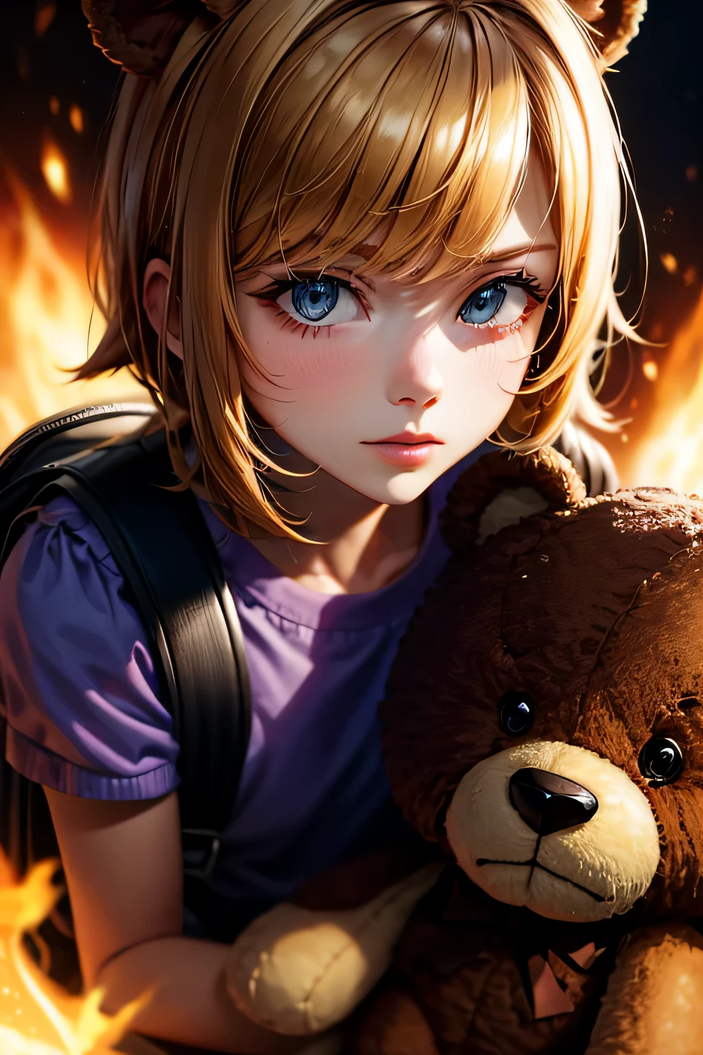 Black eyes, Annie, Blonde Hair, anger, Blue Leather Backpack, short hair,Long Bangs, fire, teddy bear, Tibbers, Purple Shirt, inflammation, Throw, close, Shine､masterpiece, 最high quality, high quality, High resolution, (Face close-up)､
