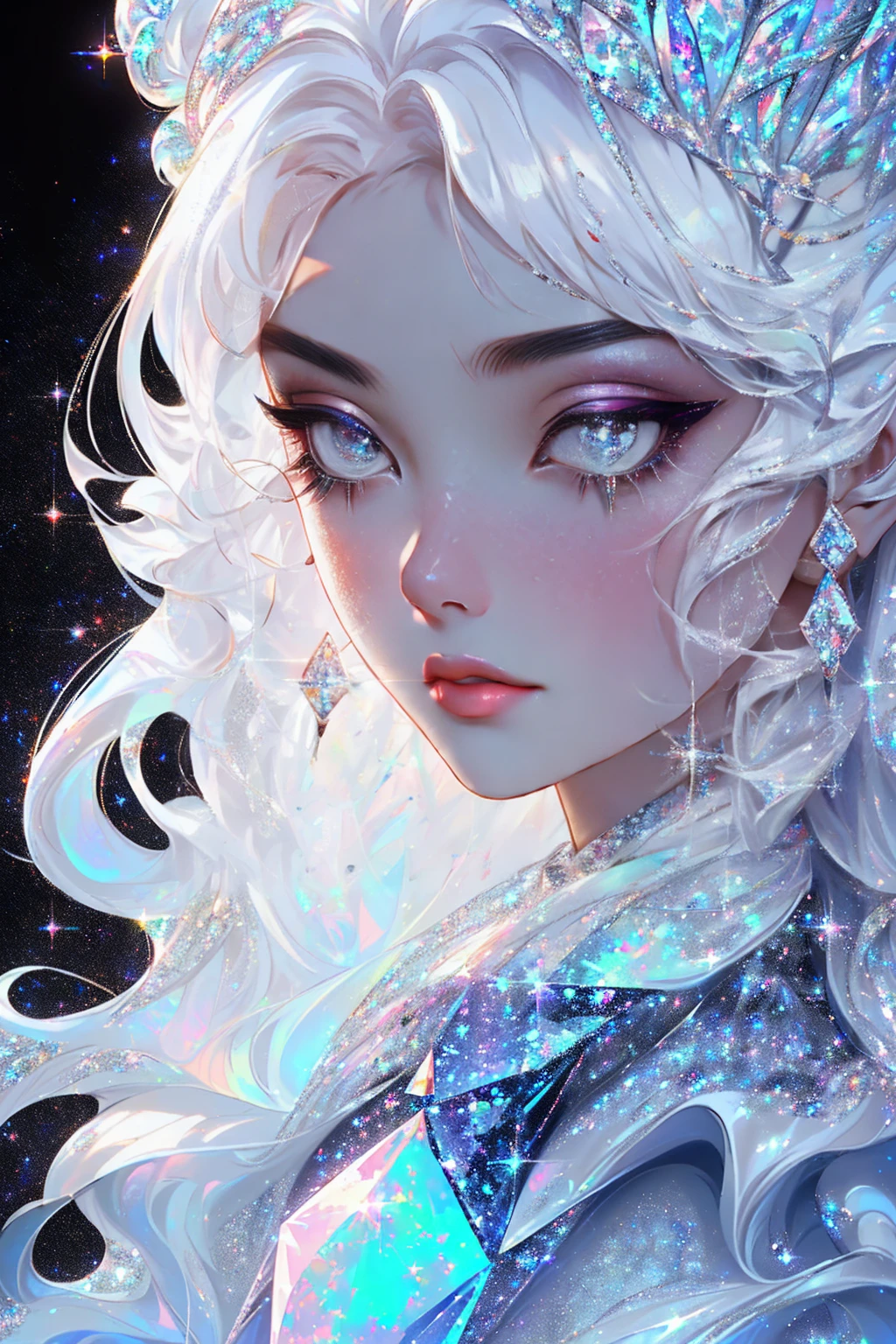 {-erro_de_anatomia:1.0} masterpiece, highest quality, (perfect face:1.1, (high detail)1.1, sweet stardust vampire , long soft white hair, opal eyes, perfectly drawn face, black dress, stars detailed background, prismatic lighting, glitter, whole body, walking on the stars with crystal shoes.
