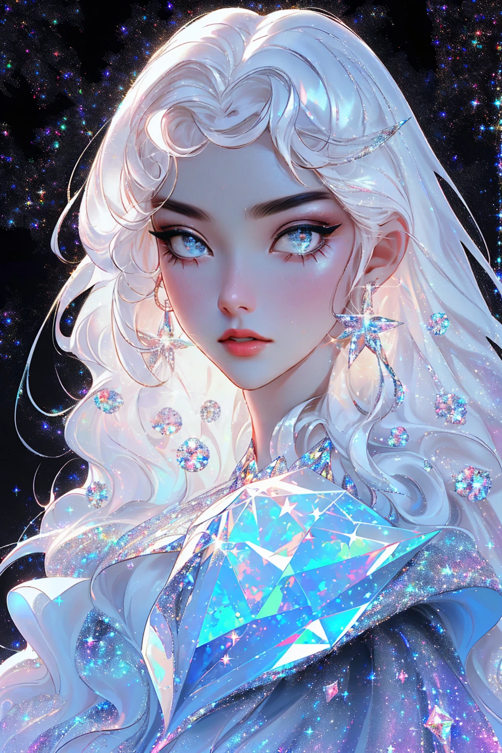 {-erro_de_anatomia:1.0} masterpiece, highest quality, (perfect face:1.1, (high detail)1.1, sweet stardust vampire , long soft white hair, opal eyes, perfectly drawn face, black dress, stars detailed background, prismatic lighting, glitter, whole body, walking on the stars with crystal shoes.