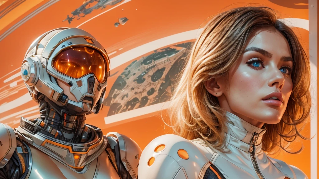 arafed image of a white woman in a futuristic suit with a spaceship in the background, movie art, in front of an orange background, inspired by Robert McGinnis, female protagonist, megastructure in the background, portrait of an ai astronaut, astronauts, an astronaut, portrait of a astronaut skeletor, perfect android girl, detailed eyes, perfectly detailed teeth, frank franzzeta and sakimichan