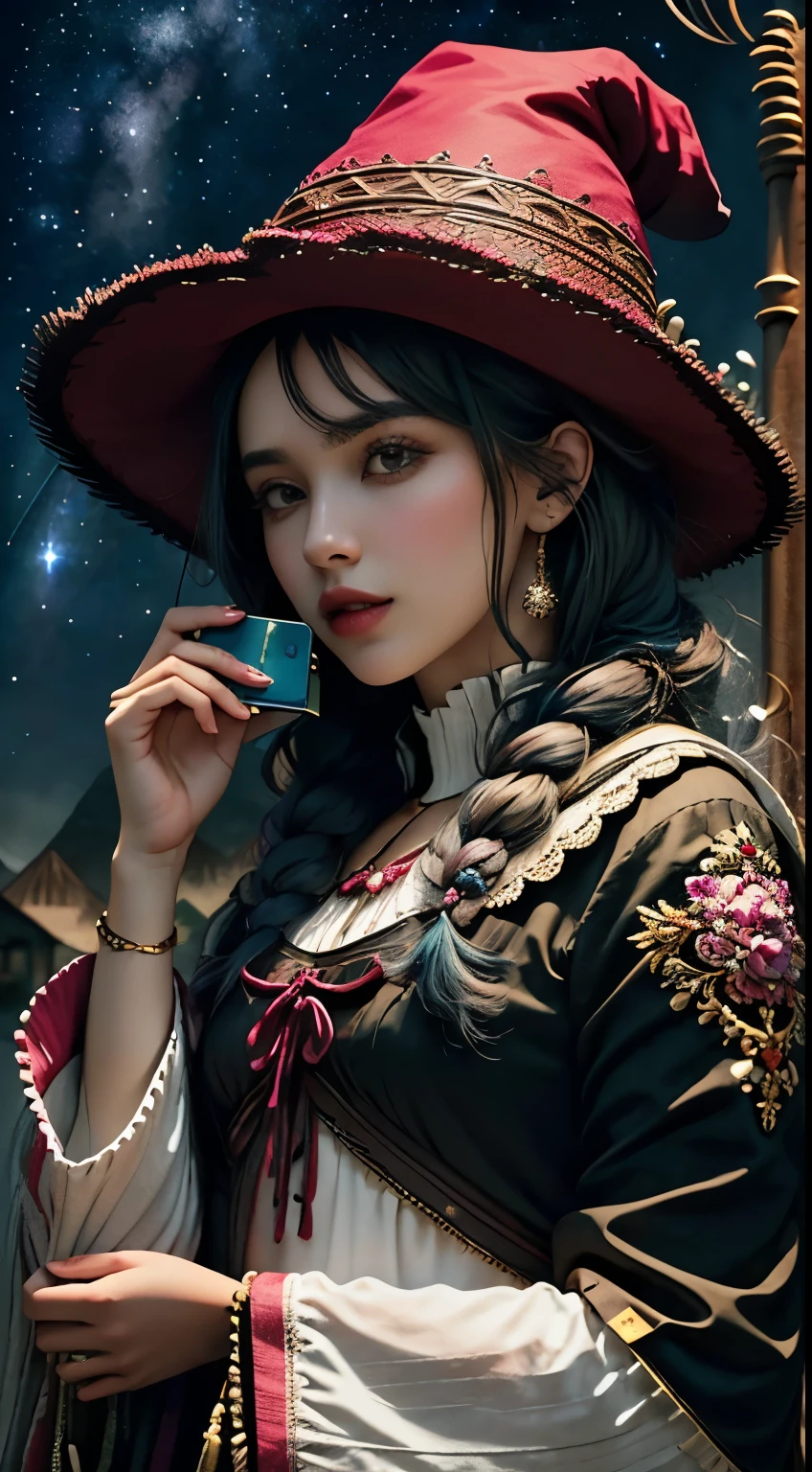 Marcadores: score_9, score_8_up, scoreu8 (score_9, score\8_up, score\7_up 1 , solo, bruxa moderna, e-girl, pink witch hat with charms, meias de rede, micro-saia, tanga, standing in a Roomba, voando pelo ar, olhando para baixo no telefone texting. night sky, lua cheia, morcegos (skinny)), () (((rosto bonito)), very detailed facial features,, pulseira, sobrancelhas grossas, full lips, sedutor, bunda pequena, seios grandes, peitos redondos perfeitos, coxas magras), braid, cabelo preto. Irritado