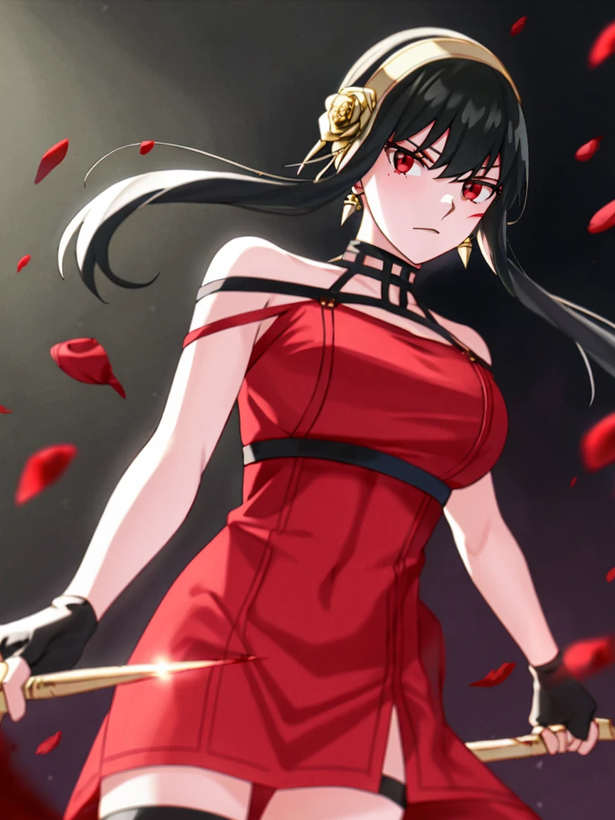 yor briar,
1girl, backlighting, bare shoulders, black background, black dress, black gloves, black hair, blood, blood on face, blood on weapon, breasts, closed mouth, cowboy shot, dress, earrings, expressionless, fingerless gloves, floating hair, floral print, flower, gloves, gold earrings, gold hairband, hair flower, hair ornament, hairband, holding, holding weapon, jewelry, large breasts, light particles, long hair, looking at viewer, off-shoulder dress, off shoulder, petals, red eyes, rose, rose petals, rose print, short hair with long locks, sidelocks, solo, spikes, thighs, two-sided dress, two-sided fabric, weapon
, ((masterpiece))