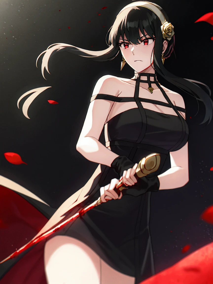yor briar,
1girl, backlighting, bare shoulders, black background, black dress, black gloves, black hair, blood, blood on face, blood on weapon, breasts, closed mouth, cowboy shot, dress, earrings, expressionless, fingerless gloves, floating hair, floral print, flower, gloves, gold earrings, gold hairband, hair flower, hair ornament, hairband, holding, holding weapon, jewelry, large breasts, light particles, long hair, looking at viewer, off-shoulder dress, off shoulder, petals, red eyes, rose, rose petals, rose print, short hair with long locks, sidelocks, solo, spikes, thighs, two-sided dress, two-sided fabric, weapon
, ((masterpiece))