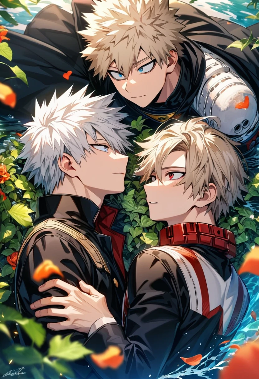 Ultra detailed, highres, absurdres, HDR, Todoroki Shoto, white hair, blue eyes, Bakugo Katsuki, ash blond hair, red eyes, Boku No Hero Academia, flowers, petals, green leaves, water, 2 men together, gay couple, handsome, very detailed face and eyes, black coat