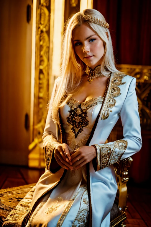 Sultana, blonde-haired, blue-eyed, white-skinned, wearing a full red Turkish royal costume, sitting on the throne