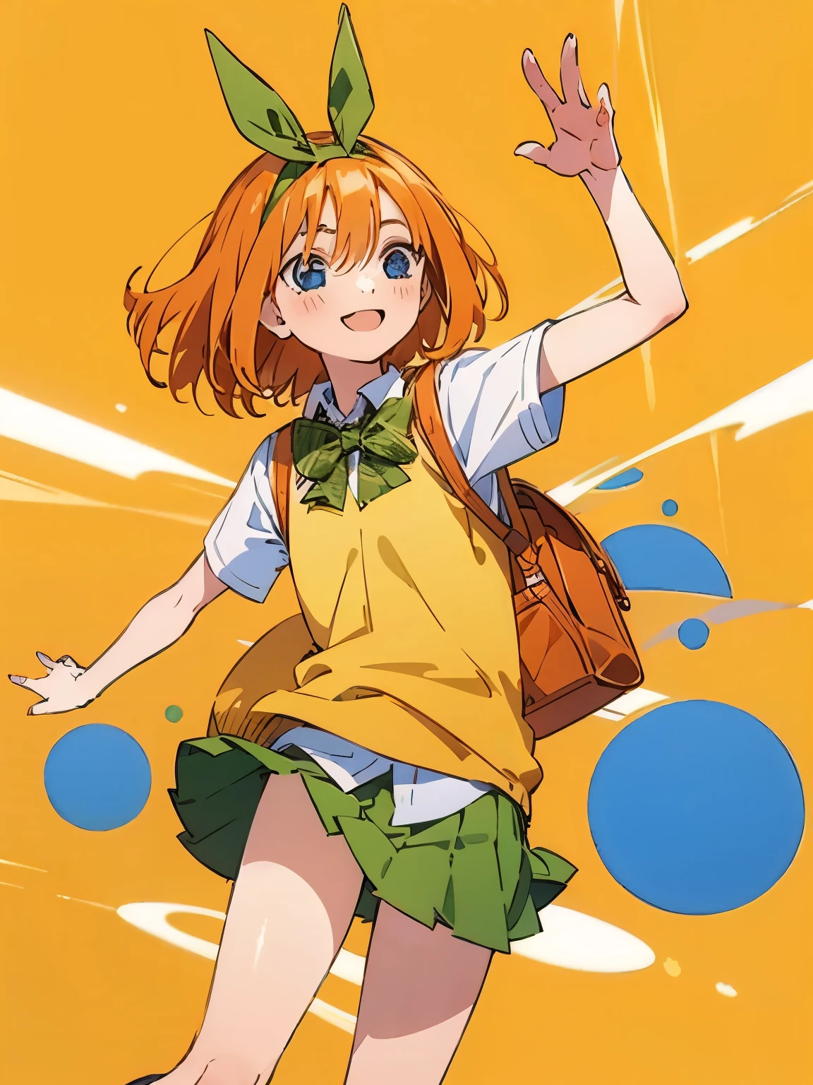 1 girl, solo, masterpiece, best quality, illustration, minimal design for a t-shirt, yotsuba nakano in a dynamic pose, orange bob hair, orange shoulder length hair, green ribbon, minimal design, flat shapes, green bowtie, yellow sleeveless sweater, collared white shirt, green pleated skirt, , Good shapes, perfect lines, perfect lineart, professional, good, cute, tender expression, lovely, , smile, sweet eyes,