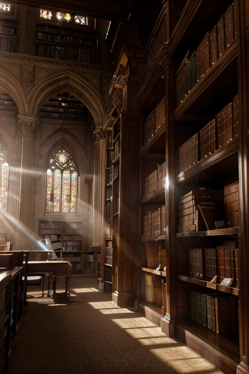 old library with dusty religious books on the shelves, god rays, glowing light, 16k, award winning, high details, super detail
