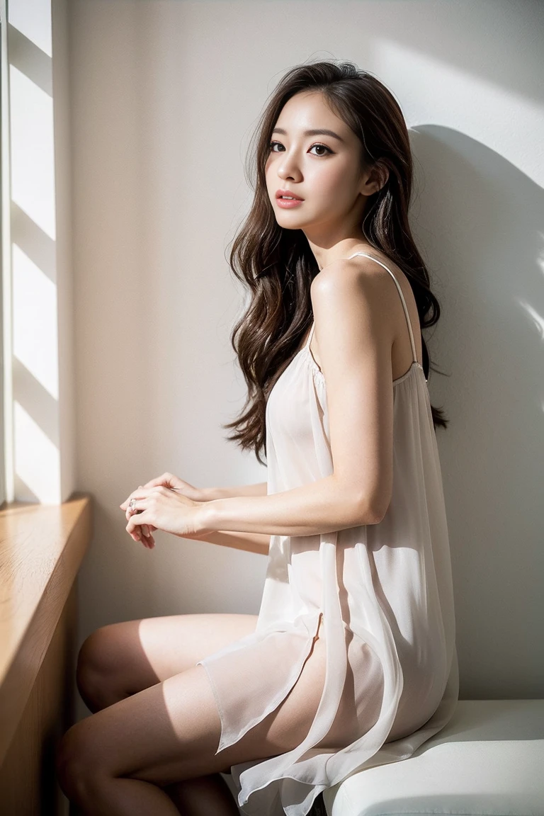 Dark brown hair、Light brown eyes、Japanese actress face、 Lady、I'Iは彼とIが好きです'I'Iは40歳くらいです.、(Intricate details:1.2)、(Which is the top???:1.4)、 (Ultra-high resolution:1.2)、Ultra-high resolution、(Finely tuned)、(Detailed facial features)、Hmph、8k resolution、D cup size breasts、Long Hair、Large windows、Extravagant space、relax、、,Full body photo、Head to toe shot、Beautiful feet、Camisole dress、Beautiful feet、A refreshing room filled with sunlight、she, household items, (plant:0.8), Fashion Hub, Extremely detailed, Very detailed, Realistic, Hourglass Shaped Body, Obscene pose,、、I cry a lot、tears、person on the left、White wall、White floor、diagonally from below、please lift your chin、Put your butt against the wall、relaxした表情、Pose of Weakness、(auraroid photo:1.2)、from outside the window、A masterpiece of transparent painting、8k、32k、highest quality、(Details of both eyes)、1 girl、elegant、(Loose dress :1.4)、sunset、sit、(Low Angle、I look up and see this:1.2)、Hilarious、lean against the wall、Looking at the camera、summer、