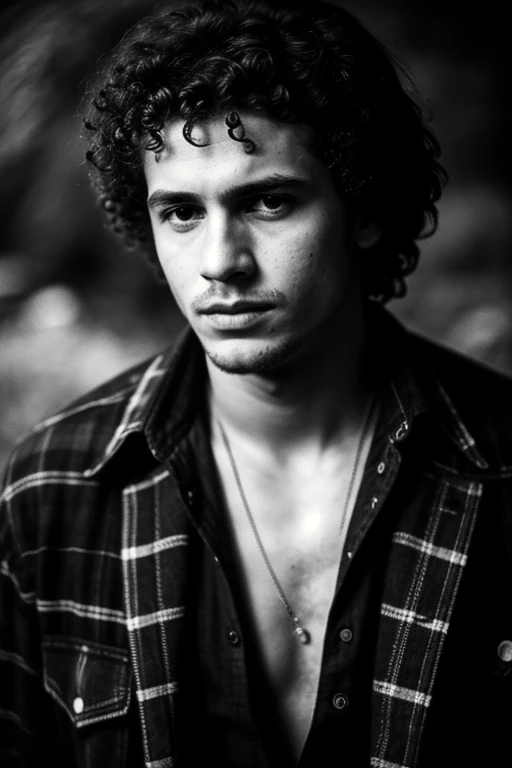 photograph of a man, (troubled facial expression), textured skin, goosebumps, blonde afro hair, plaid flannel shirt with distressed boyfriend jeans, cowboy shot, dark and mysterious cave with unique rock formations and hidden wonders, perfect eyes, (candlelight,chiaroscuro), Porta 160 color, shot on ARRI ALEXA 65, bokeh, sharp focus on subject, shot by Don McCullin