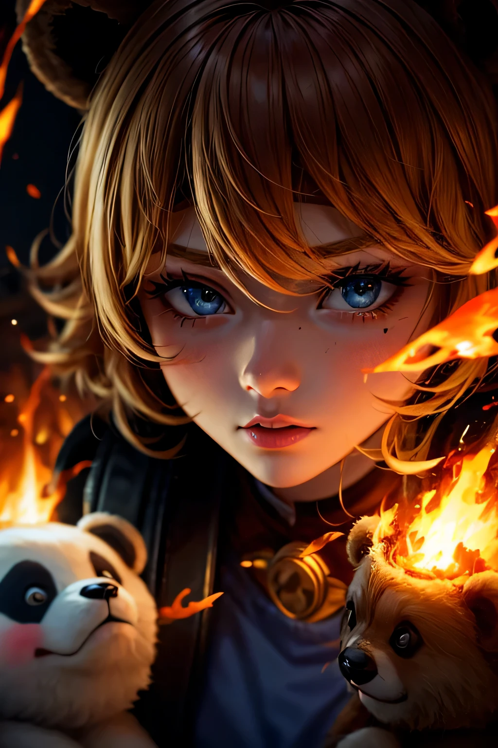 Black eyes, Annie, Blonde Hair, anger, Blue Leather Backpack, short hair,Long Bangs, fire, Panda Stuffed Animal, Tibbers, Purple Shirt, inflammation, Throw, close, Shine､masterpiece, 最high quality, high quality, High resolution, (Face close-up)､
