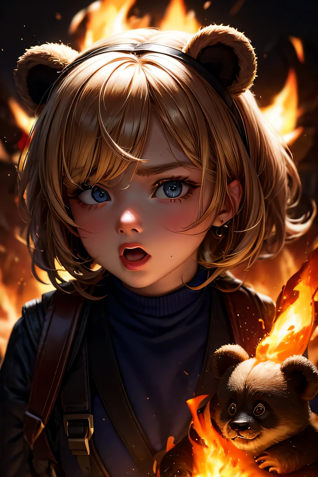 Black eyes, Annie, Blonde Hair, anger, Blue Leather Backpack, short hair,Long Bangs, fire, Panda Stuffed Animal, Tibbers, Purple Shirt, inflammation, Throw, close, Shine、masterpiece, 最high quality, high quality, High resolution, (Face close-up)、