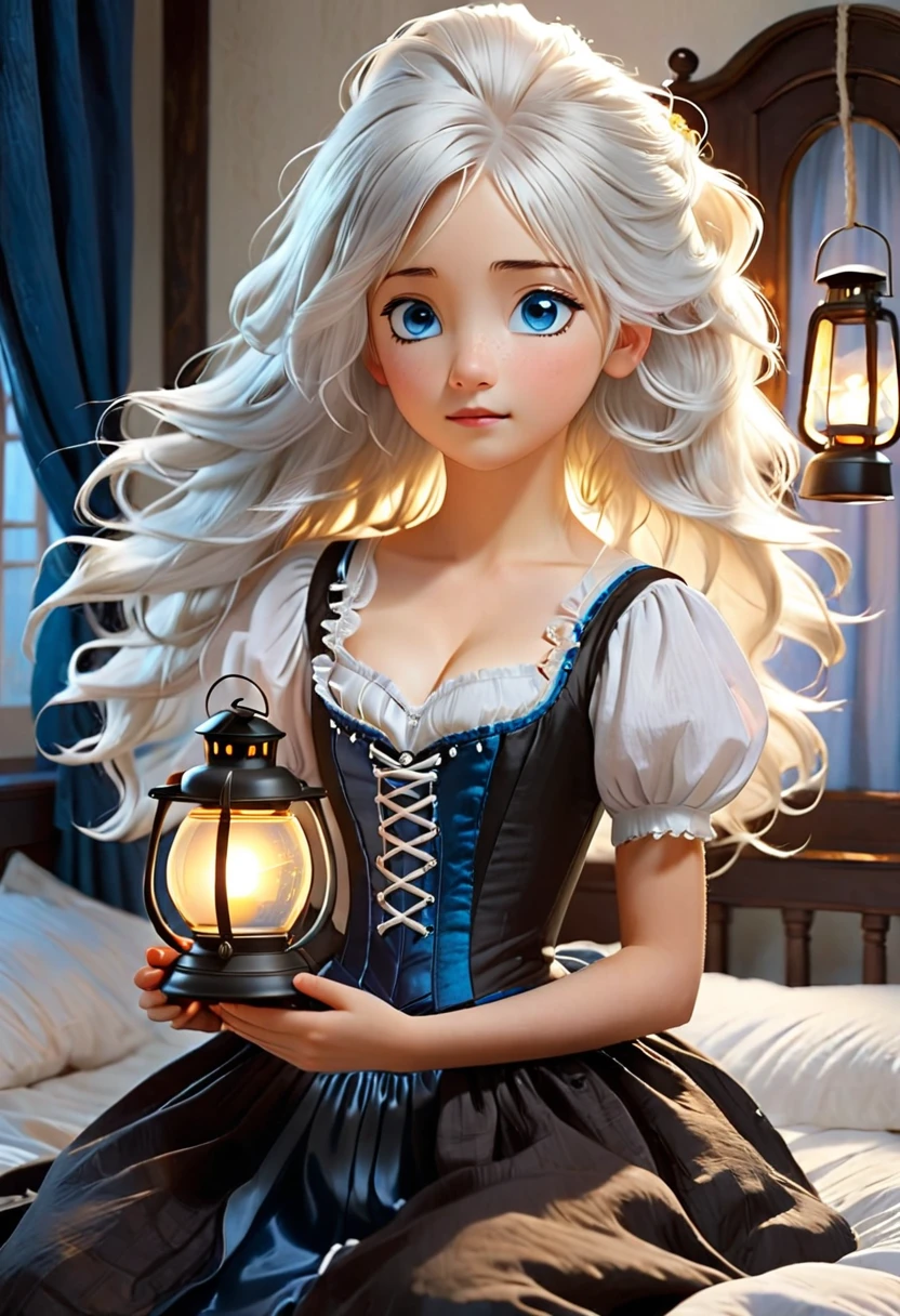 "((inside the bedroom)) is a girl Holding a lantern. She has white hair, blue eyes, black and white dress with a white corset. " and next to her"((inside the bedroom)) is a boy on the bed his eyes closed and his hair is brown hair, wearing white shirt and long brown pants